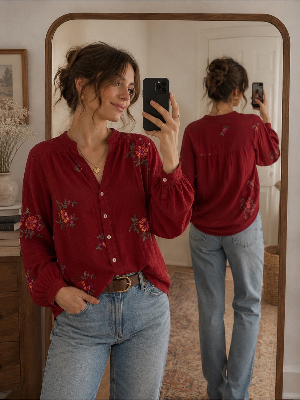 Figueroa & Flower Floral Embroidered Boho Button Down BlouseWomen’s